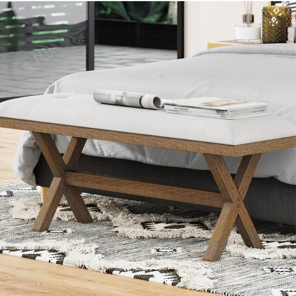 Alex Cream Upholstered Entryway Accent Bench with Wood Base