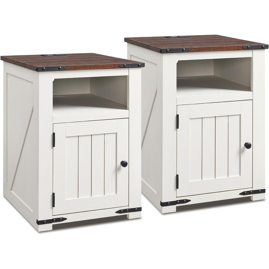 Farmhouse Night Stands Set of 2 with Charging Station, Rustic Wood Bedside Table with Barn Door and Storage Shelf (White)