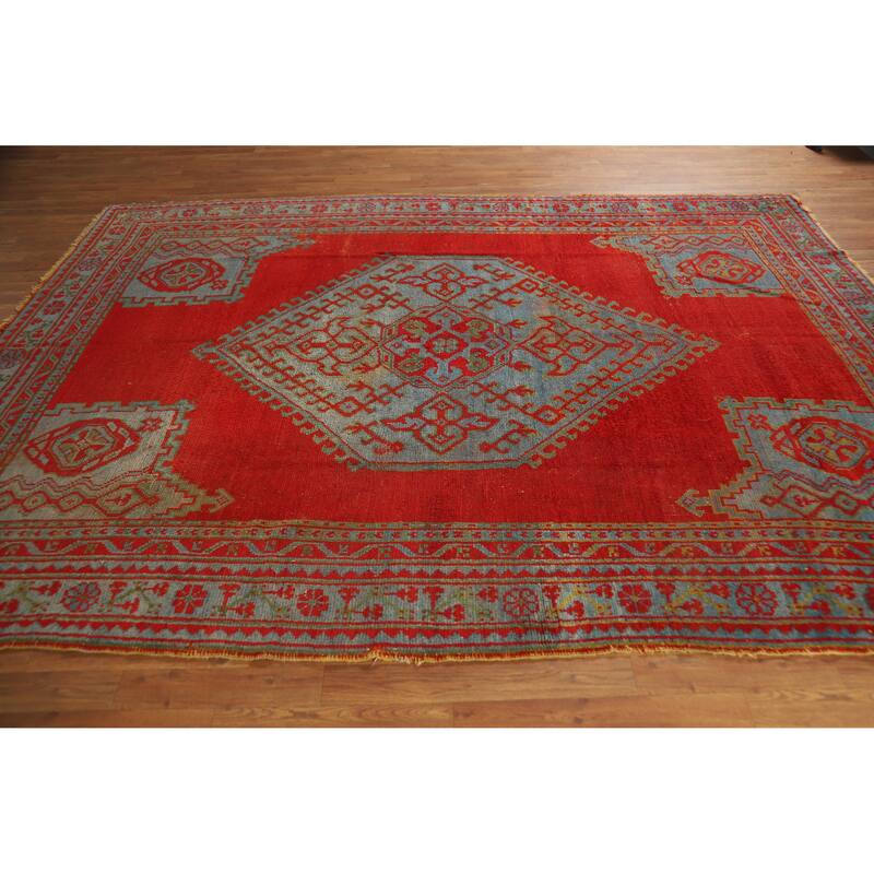 Vegetable Dye Oushak Turkish Antique Area Rug Handmade Wool Carpet - 7'3" x 9'9"