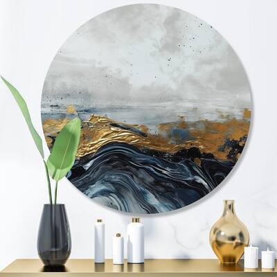 Designart "Grey Gold Modern Abstract Contemporary III" Abstract Marble Metal Round Wall Art