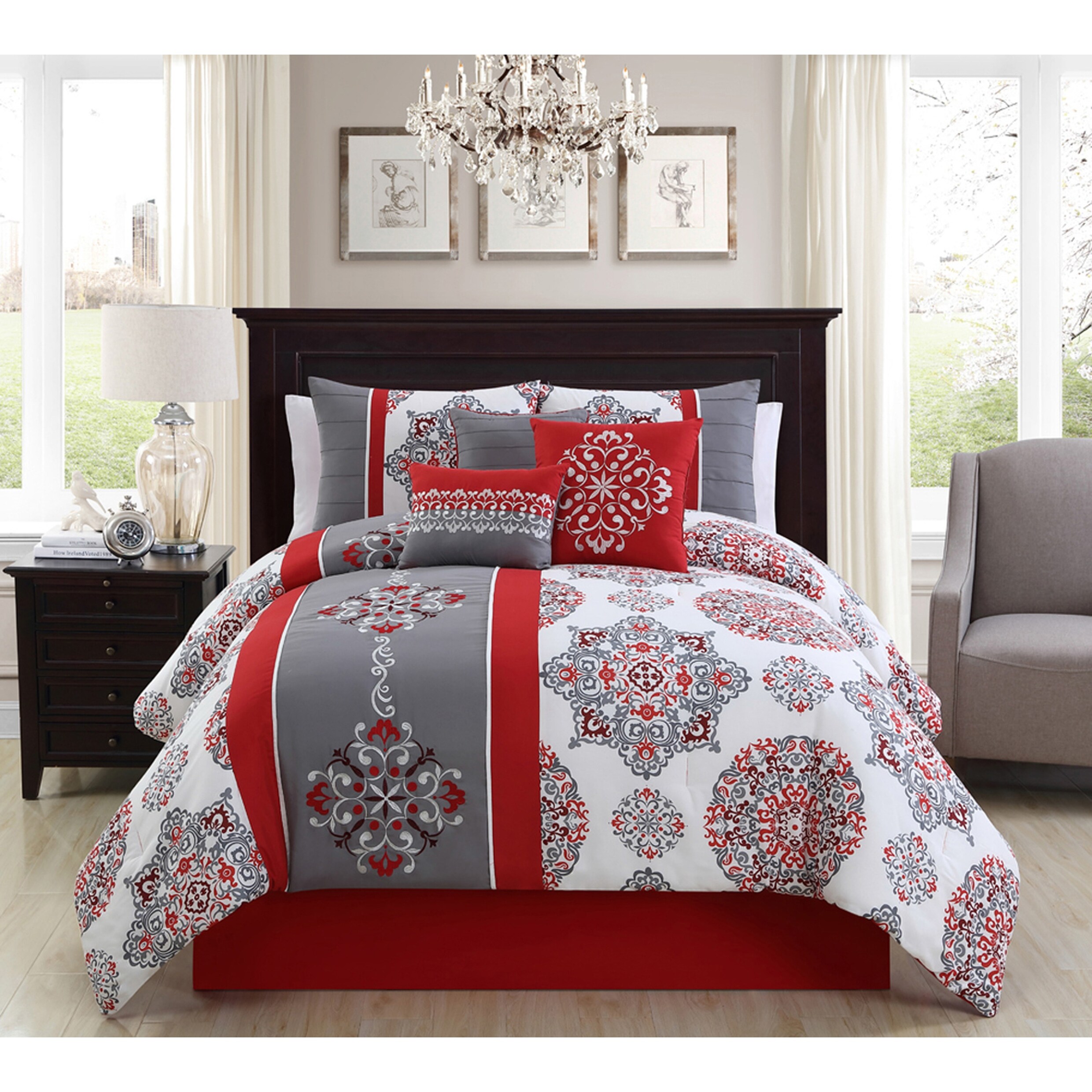 Shop Porch Den Milada Red Grey White Microfiber 7 Piece Comforter Set Overstock 31812740 Queen