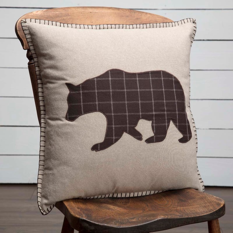 Wyatt Bear Applique Pillow 18x18 - Polyester - Pillow 18x18 - Khaki/Espresso/Crimson - Accent