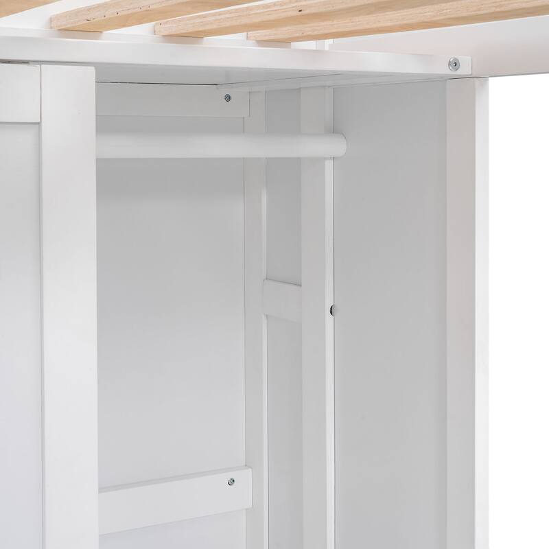 Twin Size Loft Bed with Storage Shelves, Wardrobe, and Built-in Desk, White