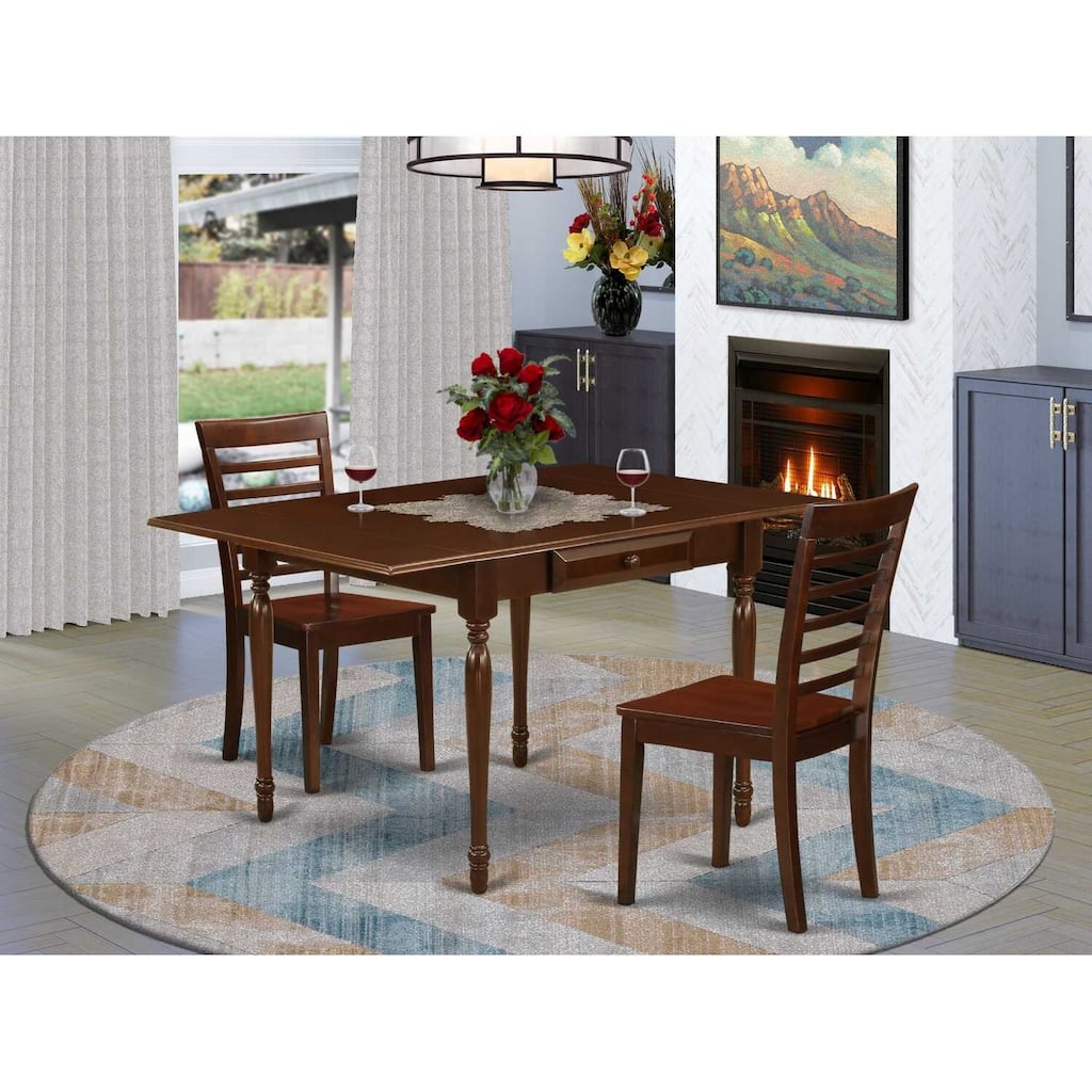 HomeStock 3-Pc Mahogany Finish Solid Wood Top with Dropleaf Dining Table Set