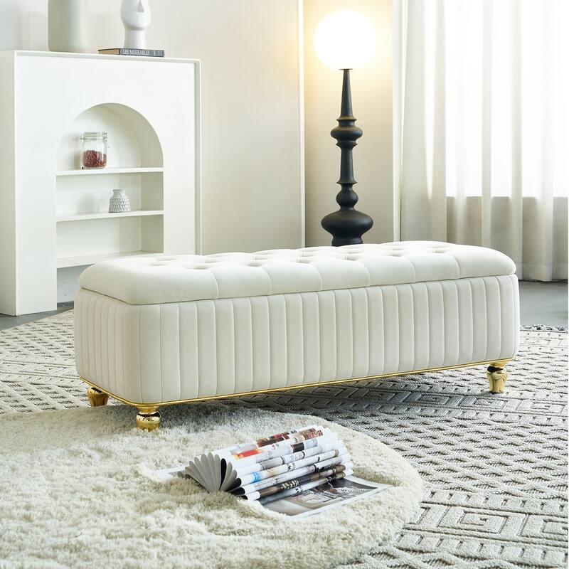 Beige Storage Bench Ottoman Bench with Safety Hinge, Footstool End of Bed Bench Vanity Bench Lounge Bench