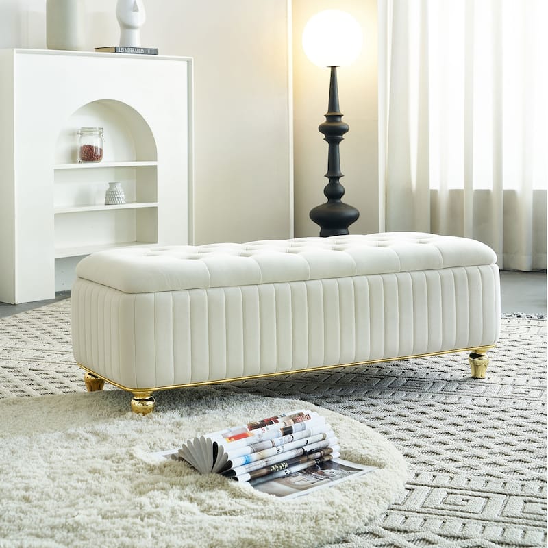 Upholstered Velvet Fabric Storage Ottoman with Safety Hinge