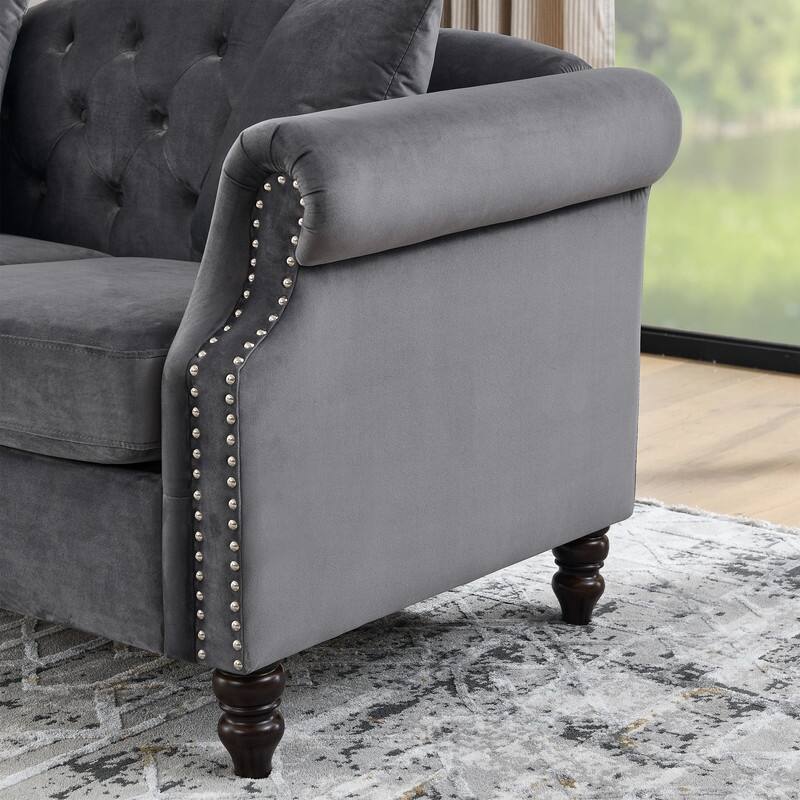 Chesterfield Sofa Velvet for Living Room, 2 Seater Sofa Tufted Couch with Rolled Arms and Nailhead, two pillows 
