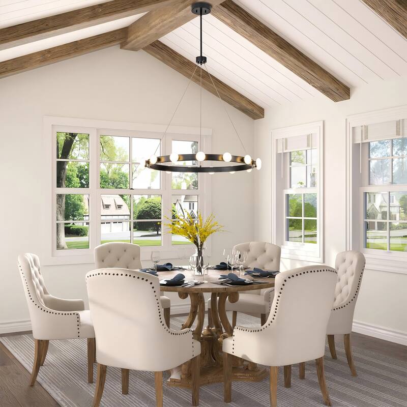 15/24-Light Mid-Century Modern Black Integrated LED Large Wagon Wheel Chandelier for Dining Room/Living Room