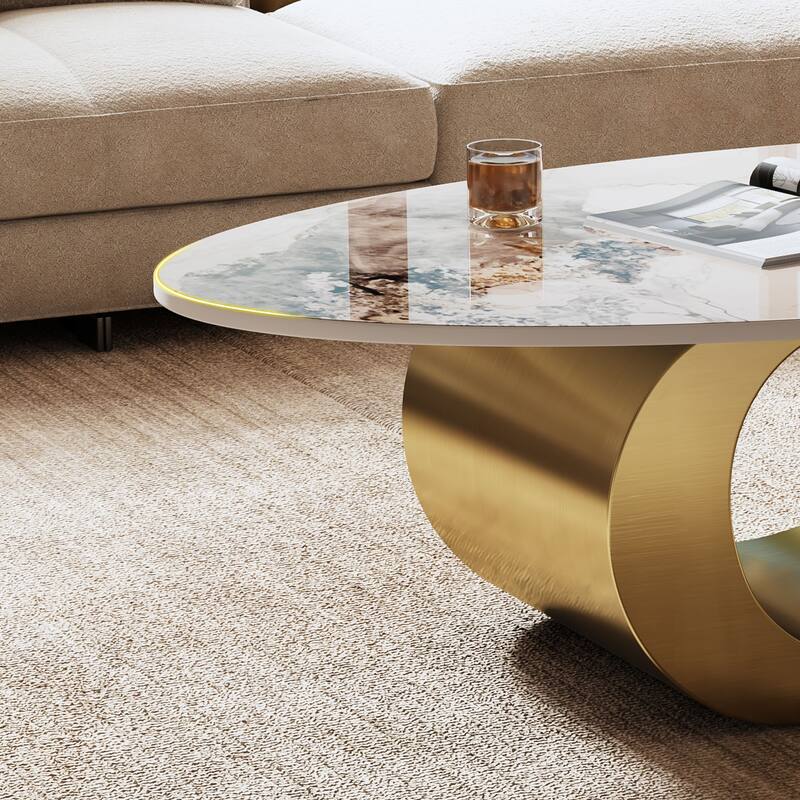 GDFStudio - Contemporary 49.2" Oval Sintered Stone Coffee Table with S-Shaped Stainless Steel Base & Novel-Pattern Top