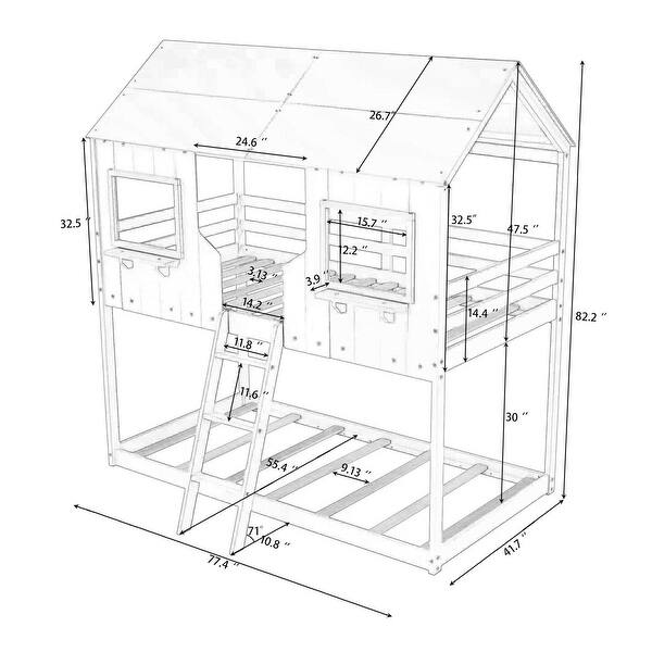 dimension image slide 1 of 2, Playhouse Design Twin Over Twin Bunk Bed Wood Bed with Roof, Window, Guardrail, Ladder