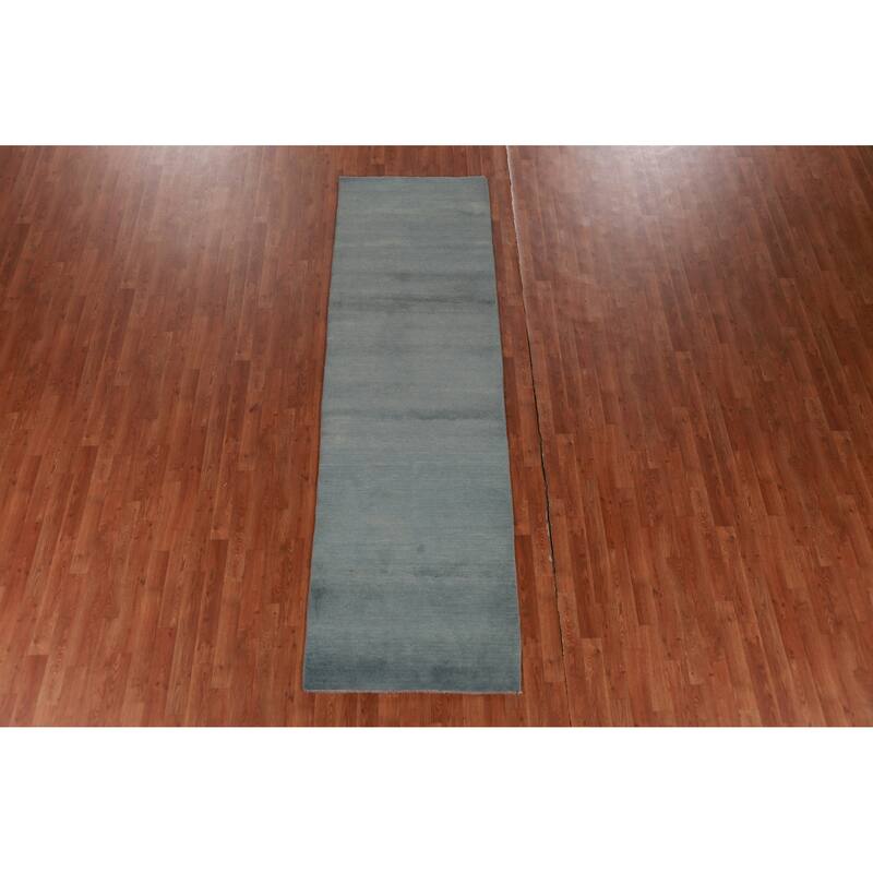 Hand Knotted Oriental 100% Wool Carpet Modern Solid Navy Blue & Blues Gabbeh Runner Rug - 9' 11'' X 2' 11''