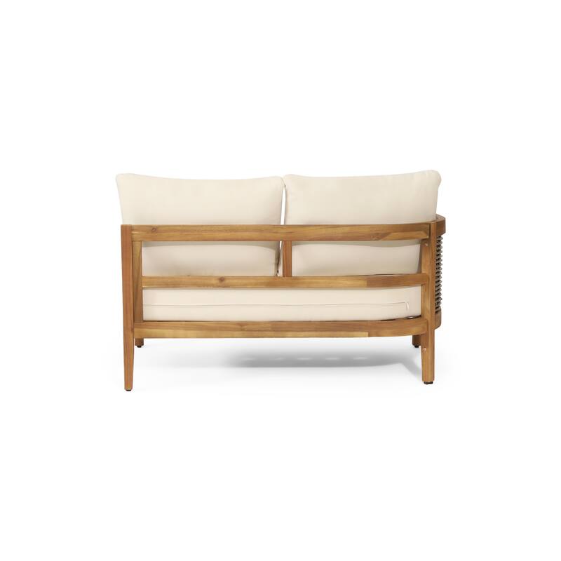 Burchett Acacia Wood and Round Wicker Outdoor 5 Seater Sectional Sofa Set with Cushions by Christopher Knight Home