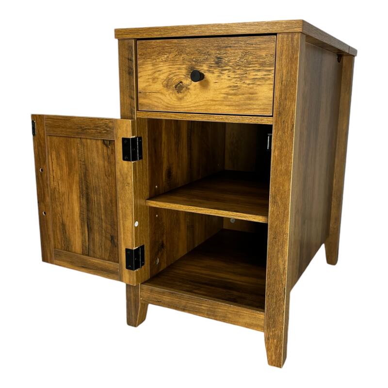 Farmhouse End Table with Charging Station,Night Stand with Barn Door and Drawer - Antique brown