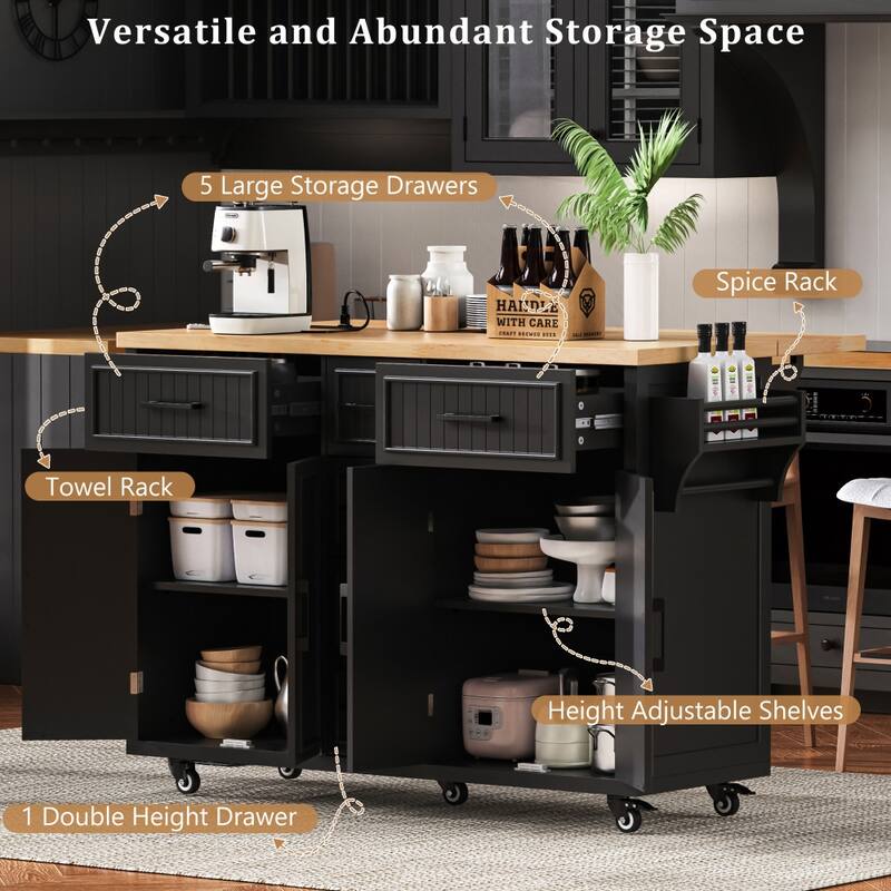 56.5'' Kitchen Island with Drop Leaf, Power Outlet, Embossed Vertical Stripe and Adjustable Shelves