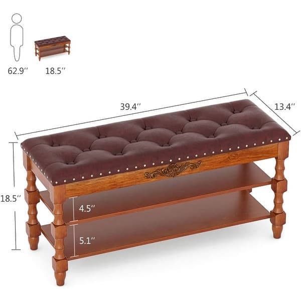 Entryway Bench with Tufted Leather Cushioned Seat, Storage Bench with