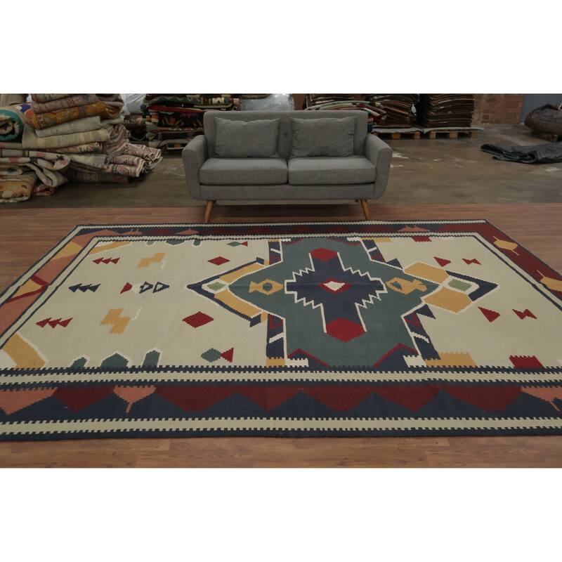 Hand Woven Oriental 100% Wool Carpet Southwestern Tribal Beige & Ivories Kilim Area Rug - 11' 3'' X 8' 8''