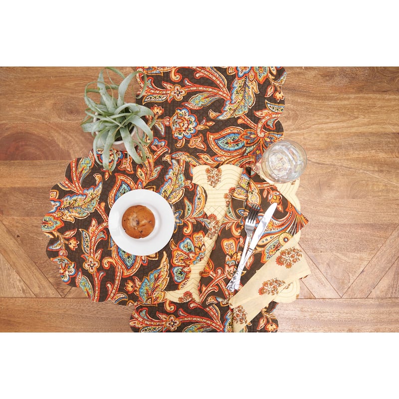Dorothy Autumnal Brown Quilted Scalloped Paisley Floral Accents Placemats Set of 6, 17" - Multicolored