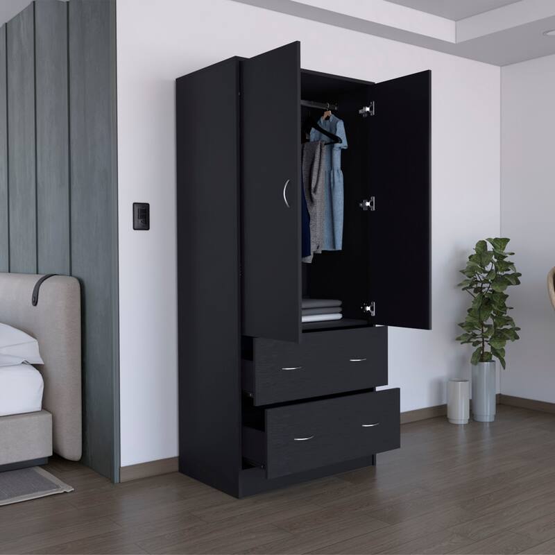 30.9" Modern Armoire with Double Doors, 2 Drawers and Hanging Rod for Bedroom