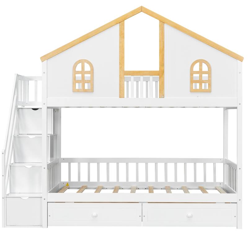Fairytale Bunk Bed with Window Door House-shaped Roof Frame and Storage Staircase, Optional with Storage Drawers or Trundle Bed