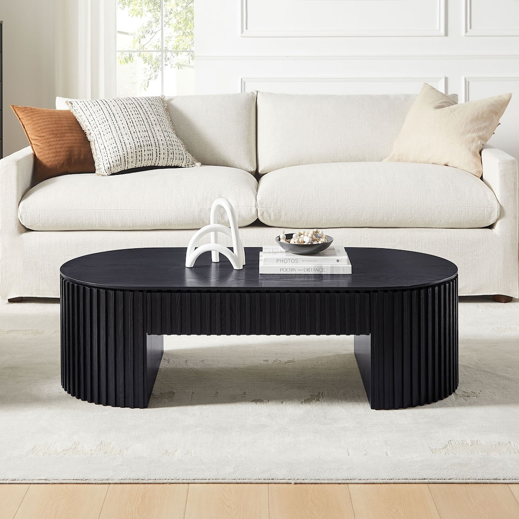Rossetta Mid-Century Modern Handcrafted Wood Oval Coffee Table with Hidden Drawer, No Assembly