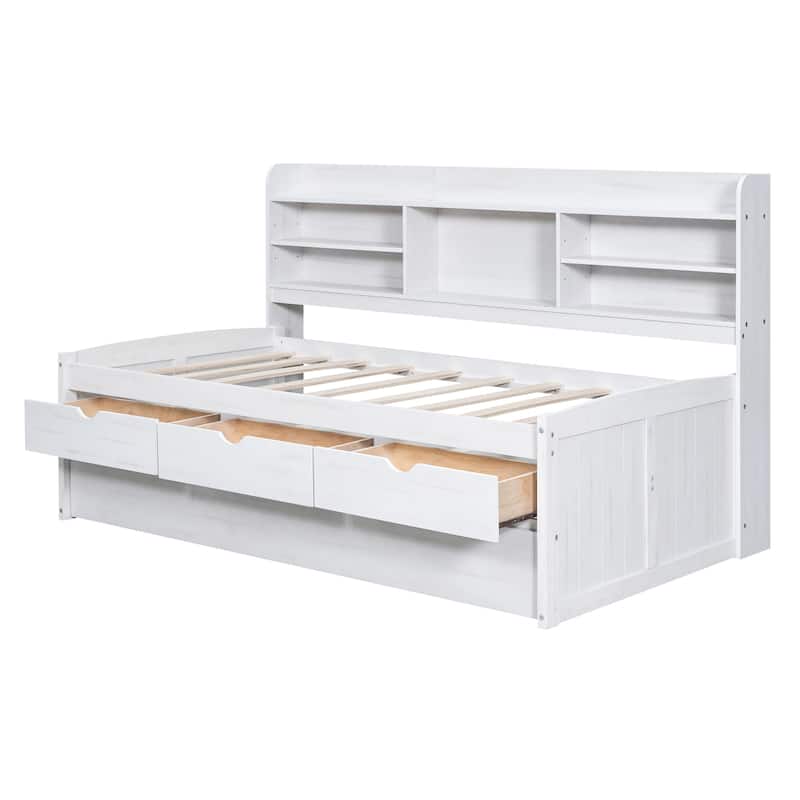 White Twin Pine Captain Bed with Shelves, Drawers & Trundle