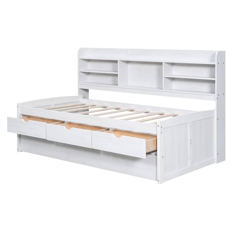 Wooden Captain Bed Platform Bed Frame with Rectangular Storage Headboard Built-in Bookshelves, 3 Storage Drawers and Trundle