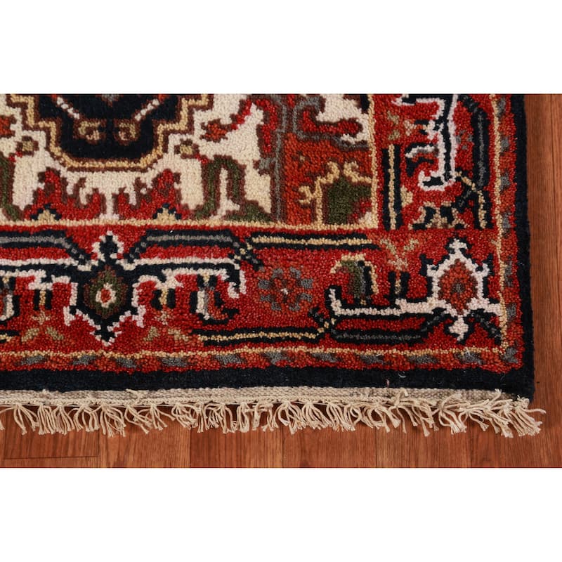 Hand Knotted Oriental 100% Wool Carpet Traditional Geometric Navy Blue & Blues Heriz (serapi) Runner Rug - 7' 10'' X 2' 7''