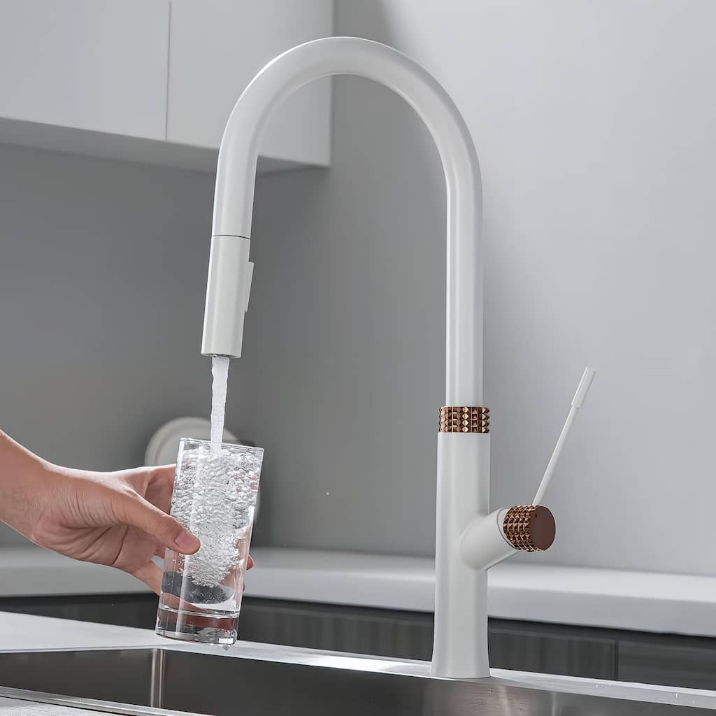 High-Arc 4-Way Pull down Kitchen Faucet with 360 Degree Spout in White and Rose Gold