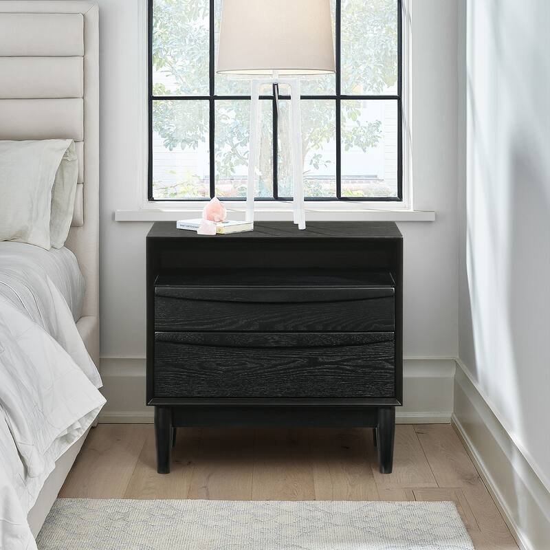 2 Drawer Nightstand Wood Side Table Black Finish Bedroom Storage Organizer