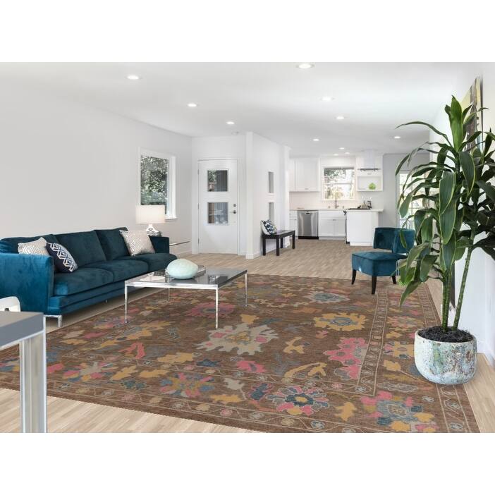 Hand Knotted Oriental 100% Wool Carpet Transitional All-Over Brown Oushak Area Rug - 12' 8'' X 8' 11''