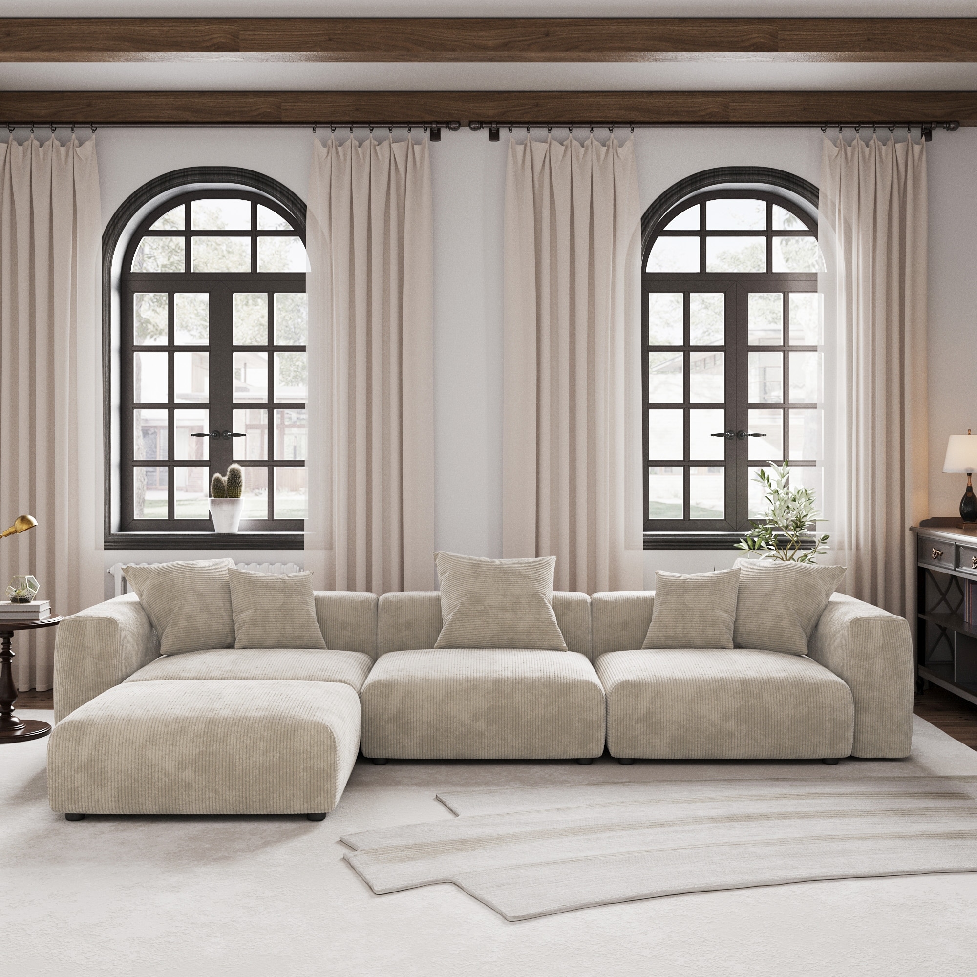 Corduroy Modern Sectional Sofa with 5 Pillows, Luxurious Modular Couch with Ottoman