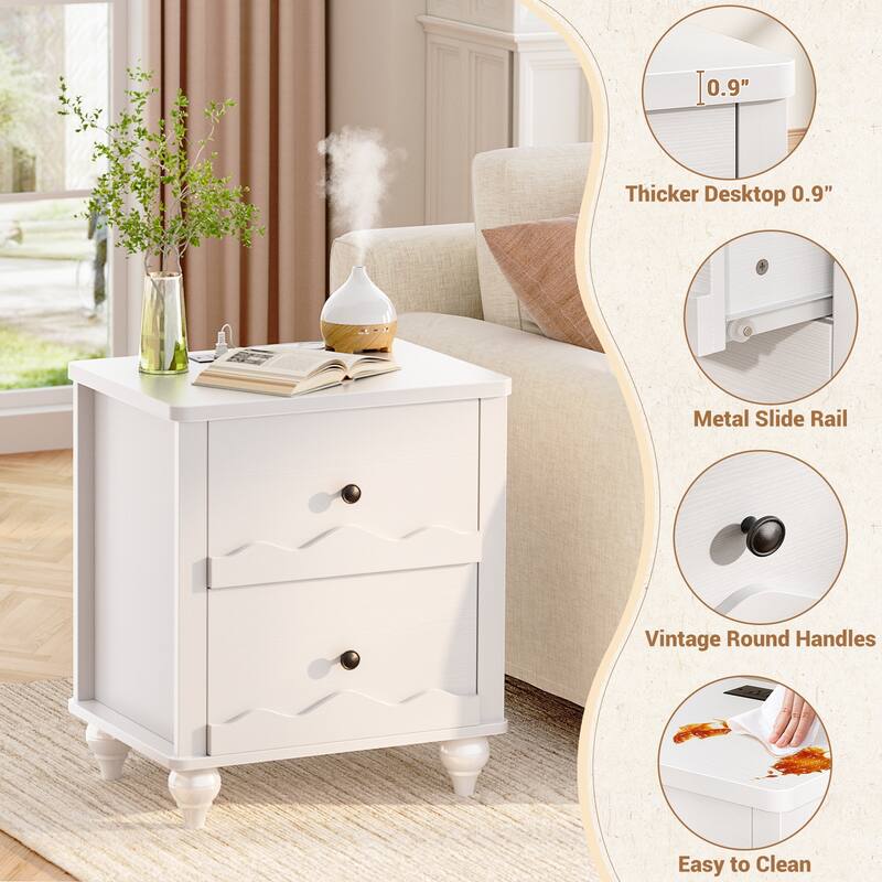 Modern Nightstand with Charging Station, Side End Table with 2 Drawers