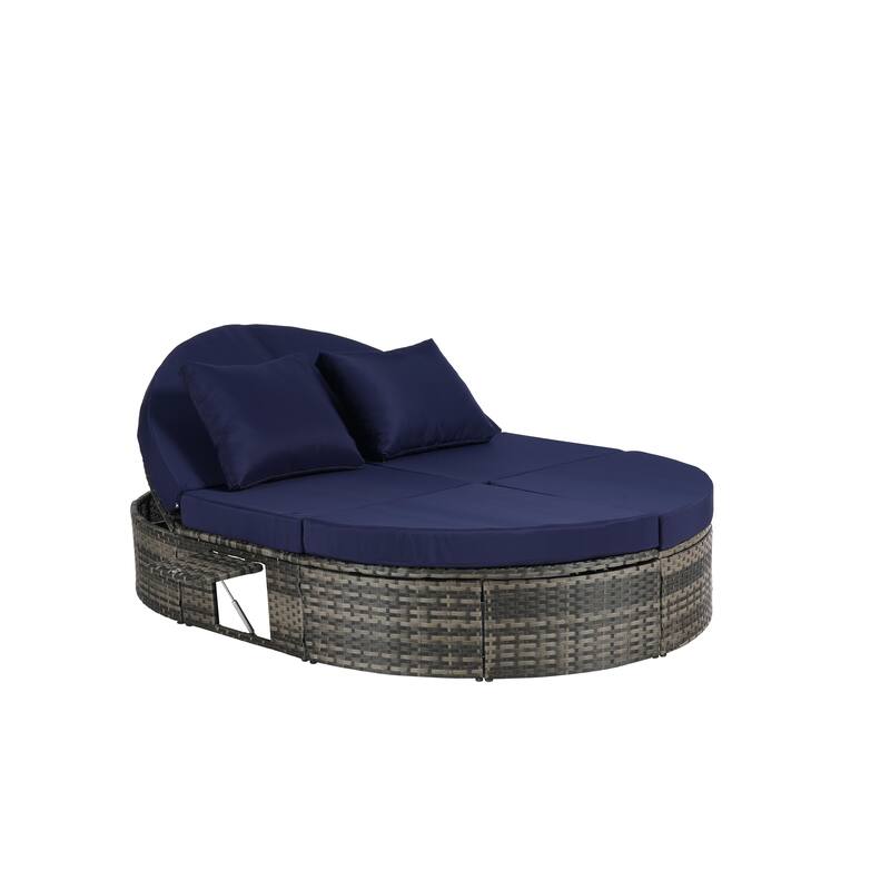 Outdoor Patio Rattan Round Daybed Sunbed with Adjustable Backrests and Foldable Cup Trays