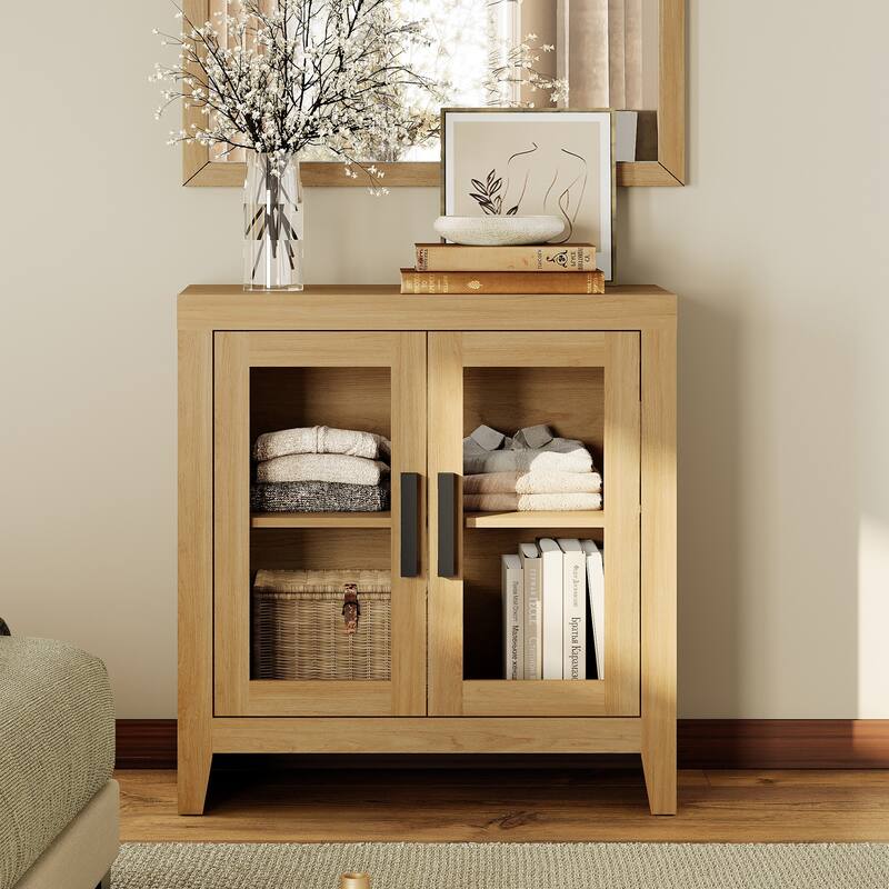 WAMPAT Modern Farmhouse Modular Buffet Cabinet, Glass Door Sideboard with Adjustable Shelves - 31 inches in width - Oak