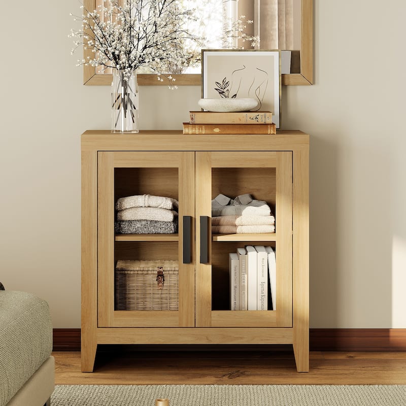 WAMPAT Modern Farmhouse TV Stand, Entertainment Center with Tempered Glass Doors & Adjustable Shelves - 31 inches in width - Oak