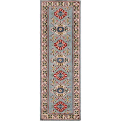 Light Blue Kazak Oriental Runner Rug Handmade Traditional Wool Carpet - 2'9" x 9'7"