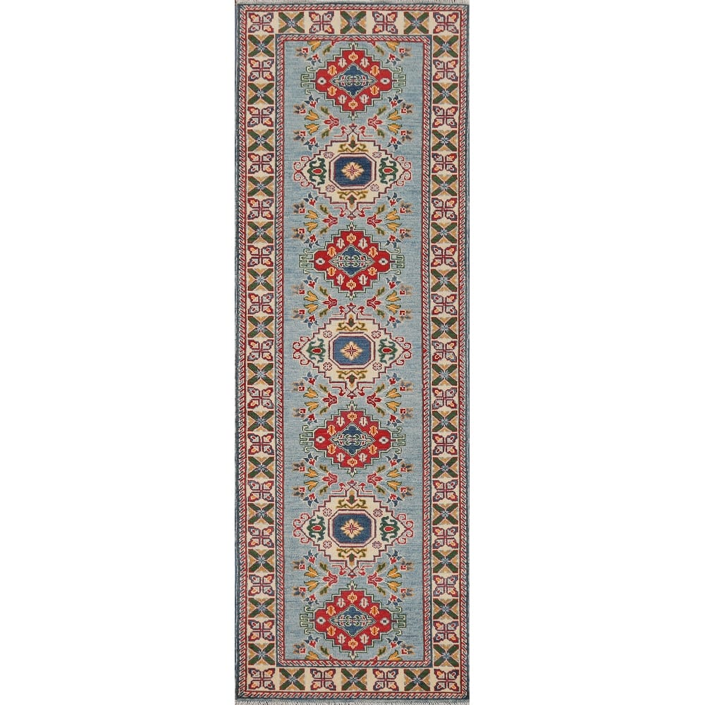Light Blue Kazak Oriental Runner Rug Handmade Traditional Wool Carpet - 2'9" x 9'7"