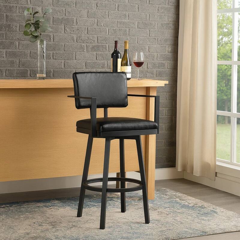 Lumbar Back Faux Leather Barstool with Stainless Steel Legs and Arms, Black