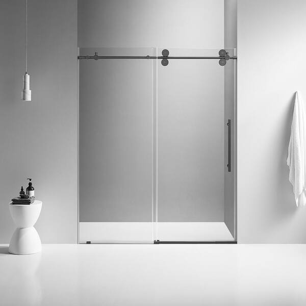 Serene Valley 48 x 74 Inch Big Roller Frameless Sliding Shower Door, Matte Black 147 Bed