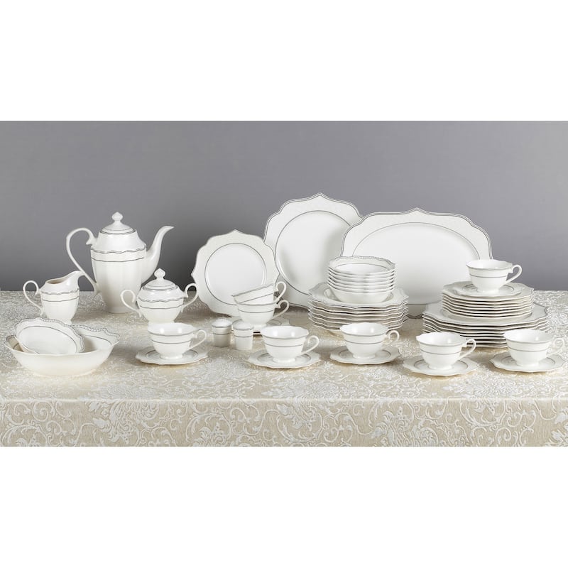 Lorren Home Trends 57 Piece Wavy Silver Mix and Match Bone China Service for 8