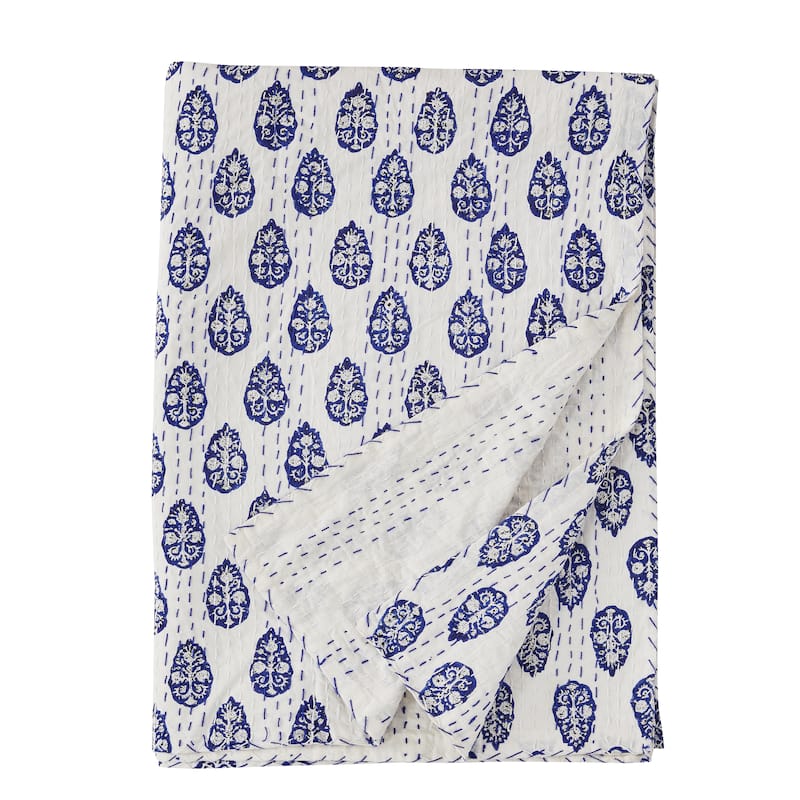 Melange Hand Stitched Kantha Block Print Coverlets and Shams - Paisley Throw - Twin - 1 Piece