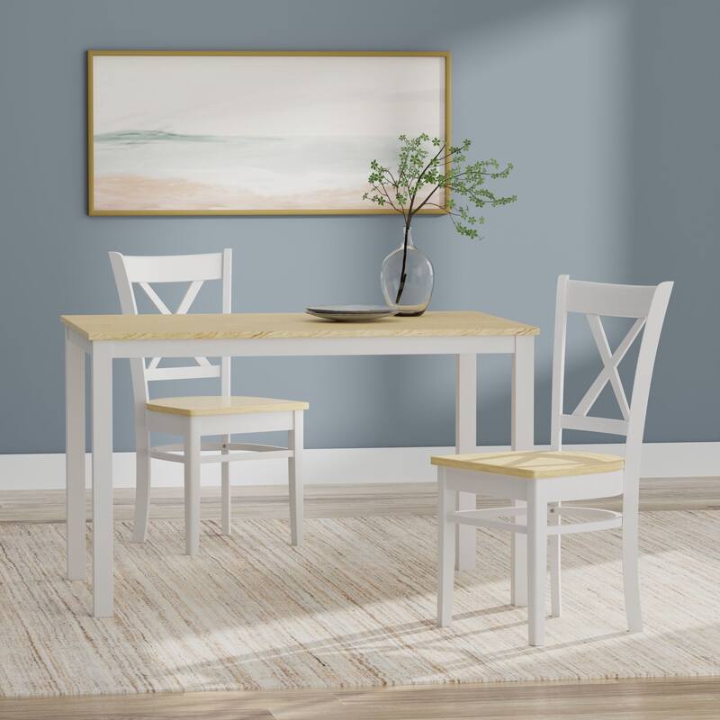 3-Piece Dining Set, 48" Rectangle Wood Table and Cross Back Chairs - White/Natural Table + White/Natural Chairs