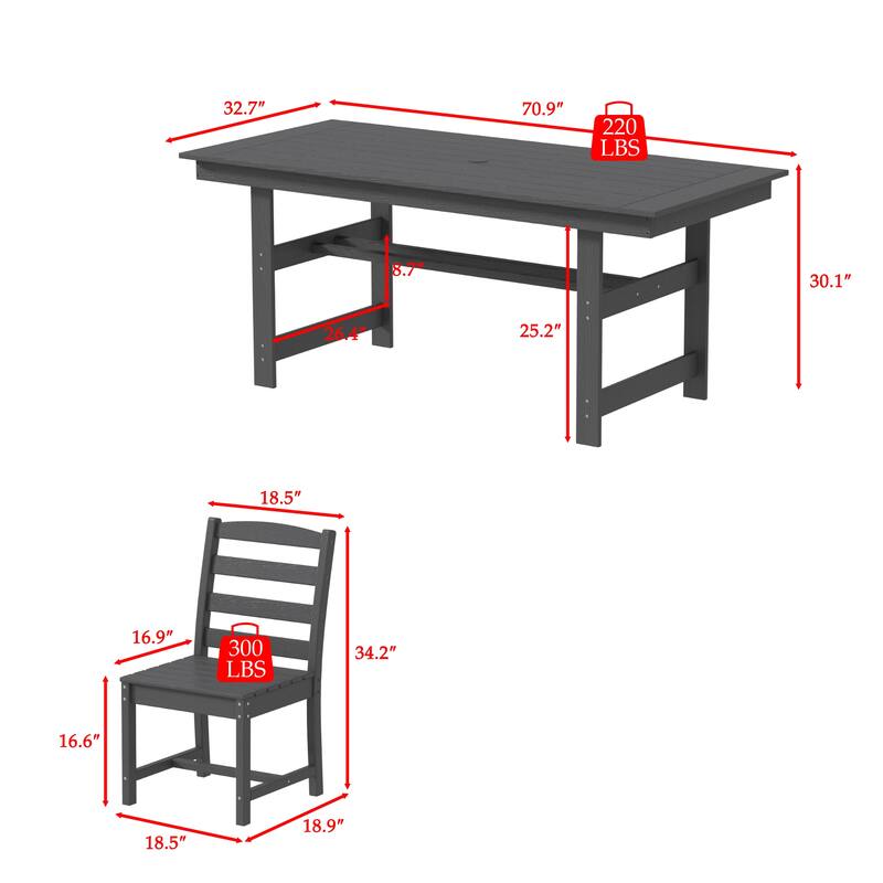 Outdoor Dining Table and Chair Set: HDPE Material, Wood - Grain Design