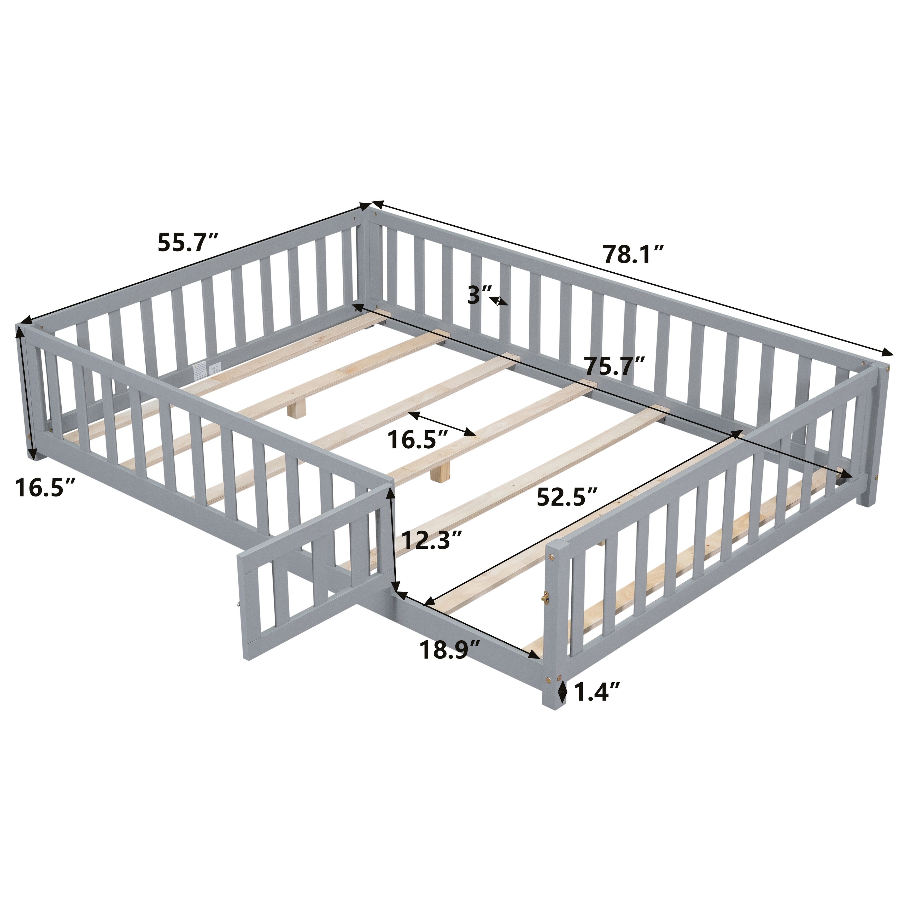 Floor Platform Bed with Fence and Door for kids Toddlers, Full