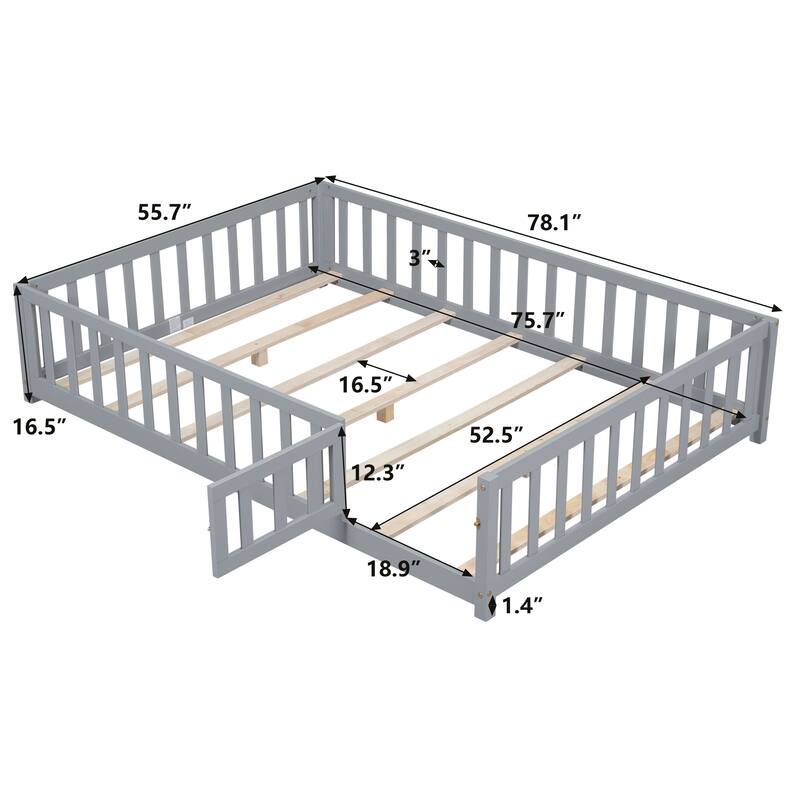 Floor Platform Bed with Fence and Door for kids Toddlers, Full Size - Grey - Full