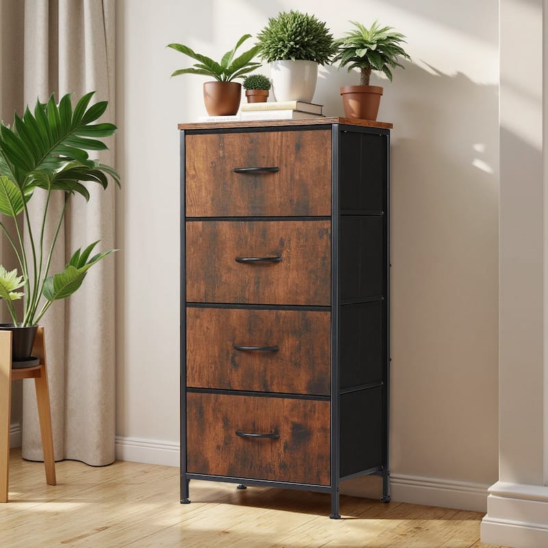 Dresser for Bedroom with 4 Fabric Drawers, Tall Chest Organizer Units for Clothing, Closet, Kidsroom, Storage Tower with Cabinet - Brown