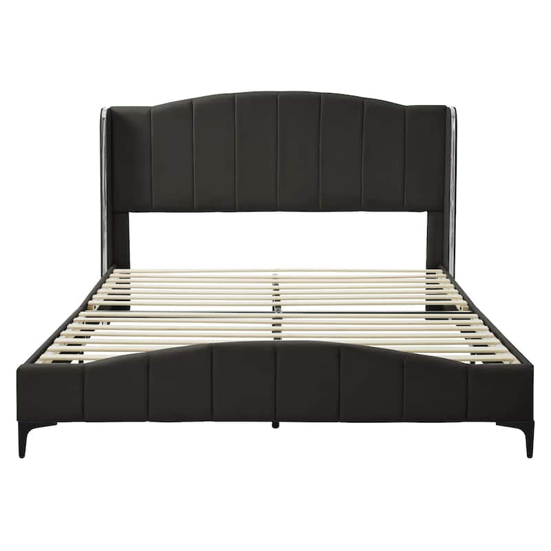 Queen Size PU Leather Upholstered Platform Bed - Black