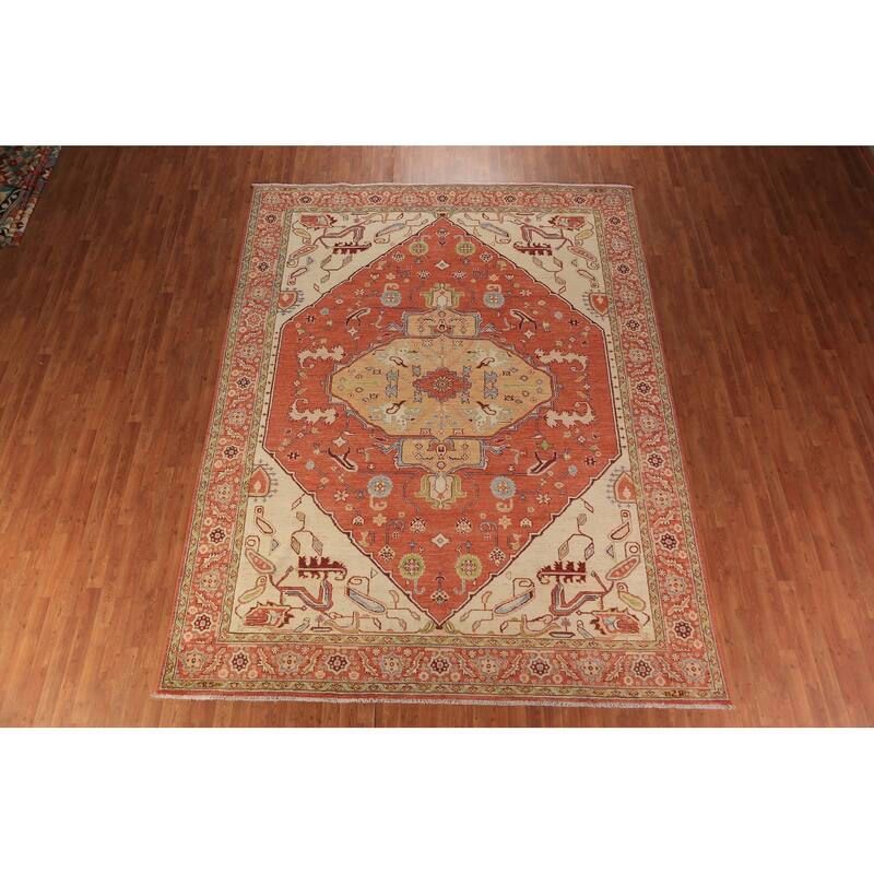 Vegetable Dye Orange Heriz Serapi Oriental Rug Handmade Wool Carpet - 8'11"x 11'8"