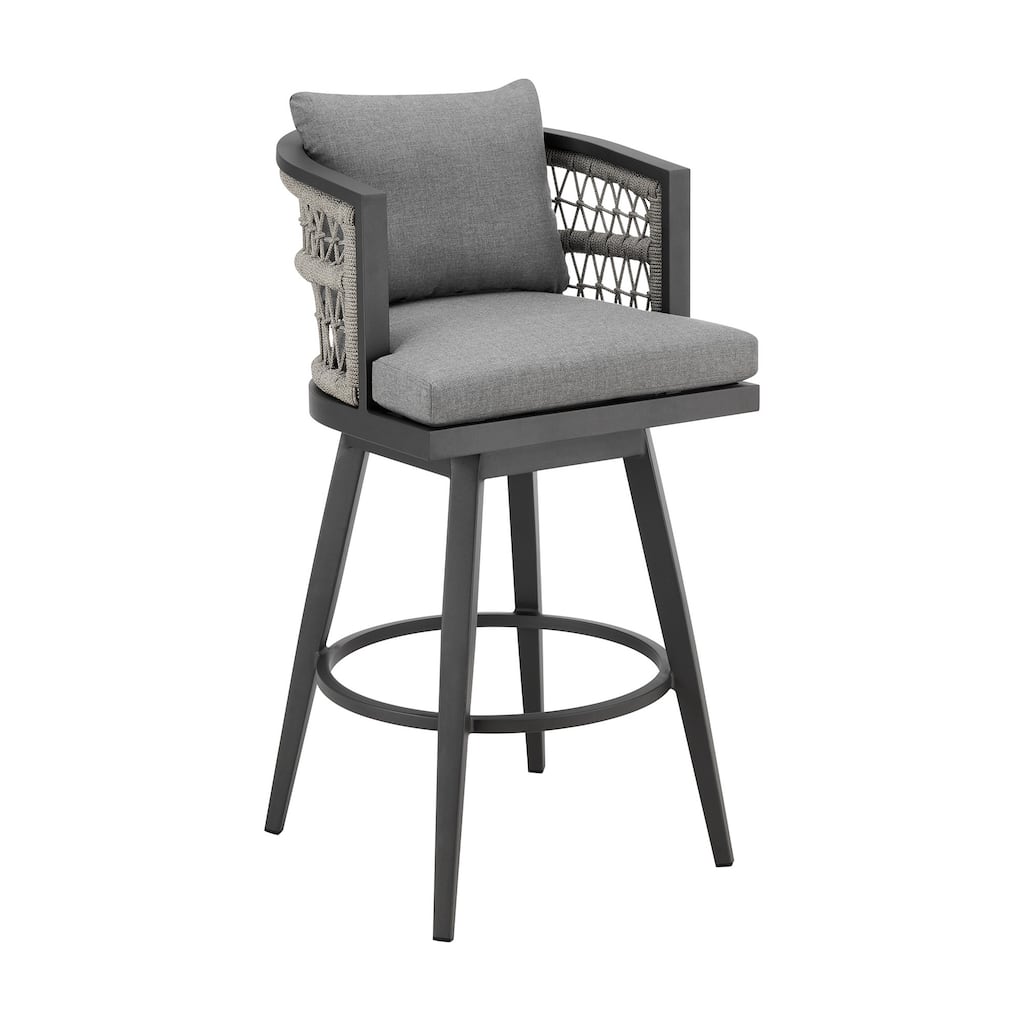 Hosa 26 Inch Outdoor Swivel Counter Stool Chair, Gray Aluminum, Woven Rope