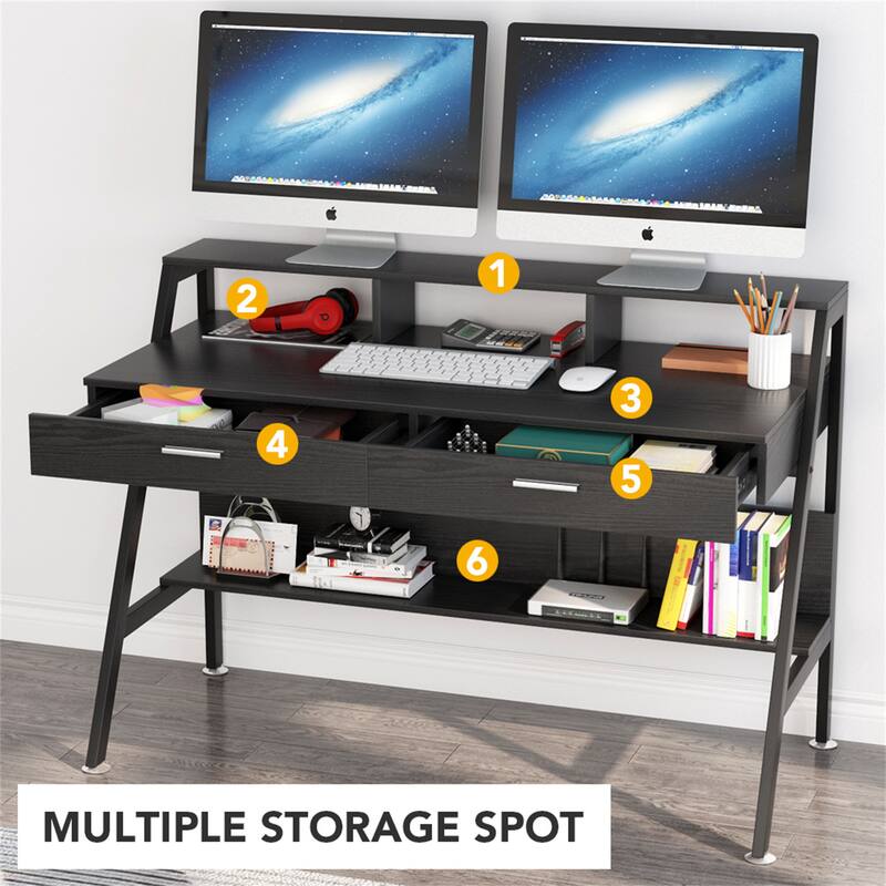 47 inch Computer Desk with Drawers, Office Writing Desk with Shelves